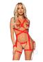 Leg Avenue Lace Halter Cami Garter With Open Cups, Crotchless Pearl G-string, And Lace Restraint Cuffs (3 Piece) - O/s - Red